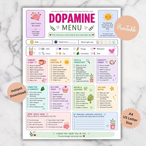 Dopamine Menu Printable | ADHD Self-Care Planner | Neurodivergent Tool for Mental Health (Digital Download)