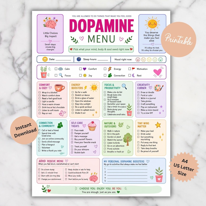 Menú de dopamina imprimible / Planificador de autocuidado para el TDAH / Herramienta neurodivergente para la salud mental (Descarga digital) imagen 1