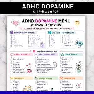 May include: A printable A4 PDF titled ADHD Dopamine Menu Without Spending. The document features a structured checklist with sections for brain treats, including categories like sensory, cozy, movement, and social dopamine with checkboxes.