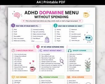 May include: A printable A4 PDF titled ADHD Dopamine Menu Without Spending. The document features a structured checklist with sections for brain treats, including categories like sensory, cozy, movement, and social dopamine with checkboxes.