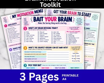 May include: A three-page Brain Motivation Toolkit printable in A4 size. The documents feature checklists and prompts titled Bait Your Brain, My Motivation Menu, and Get Your Brain To Start, designed to help manage tasks with sections for quick boosts.