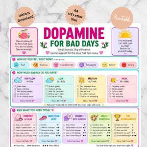 May include: A printable A4 US Letter size mental health resource titled Dopamine for Bad Days. The chart features sections for tracking current feelings, energy levels, and suggested activities categorized by comfort, movement, connection, and tasks.