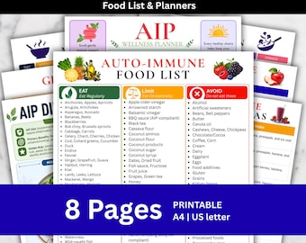 May include: A set of eight printable AIP food list and wellness planner pages in A4 and US letter sizes. The documents feature categorized columns for foods to eat, limit, and avoid, with text headings, colorful icons, and nutritional guidelines.