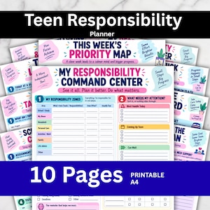 Può includere: Un pianificatore di responsabilità per adolescenti di 10 pagine stampabile in formato A4 con un layout My Responsibility Command Center. Il documento include sezioni per le aree di responsabilità, il monitoraggio delle attività e la pianificazione.