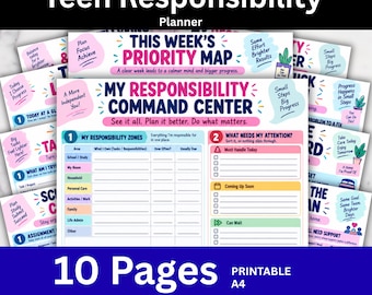 May include: A 10-page printable A4 teen responsibility planner featuring a My Responsibility Command Center layout. The document includes sections for responsibility zones, task tracking, and priority mapping with colorful headers and text.