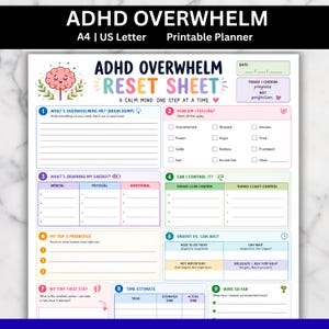 May include: A printable ADHD Overwhelm Reset Sheet planner page with a pink brain illustration. The document includes sections for brain dumps, feelings, energy drains, control, priorities, urgent tasks, tiny steps, time estimates, and wins.