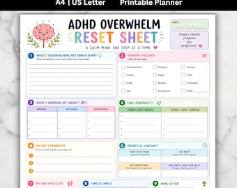 May include: A printable ADHD Overwhelm Reset Sheet planner page with a pink brain illustration. The document includes sections for brain dumps, feelings, energy drains, control, priorities, urgent tasks, tiny steps, time estimates, and wins.