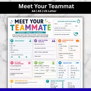 Puede incluir: Una hoja de trabajo imprimible blanca titulada Meet Your Teammate con texto e iconos coloridos. Incluye ocho secciones, entre ellas Quick Profile, How to Work With Me, Communication Style, Team Superpower, Beyond Work, This or That y Two Truths & A Lie.