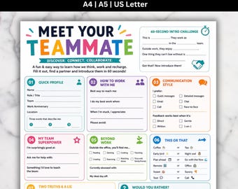 May include: A white printable worksheet titled Meet Your Teammate with colorful text and icons. It features eight sections including Quick Profile, How to Work With Me, Communication Style, Team Superpower, Beyond Work, This or That, and Two Truths & A Lie.