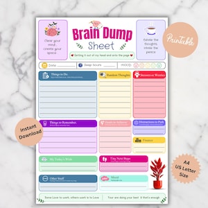 Può includere: Una colorata pagina di pianificazione Brain Dump Sheet con sezioni per cose da fare, pensieri casuali, preoccupazioni, promemoria, obiettivi, distrazioni, finanze, desideri, prossimi passi e altro, inclusi campi per data e umore.