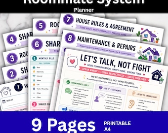 May include: A nine-page printable A4 Roommate System planner featuring organized sections for house rules, maintenance, and communication strategies. The pages include numbered headers, icons, and text prompts for managing shared bills, chores, and agreements.