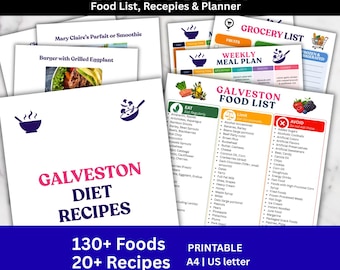 May include: A collection of printable documents titled Galveston Food List, Recipes & Planner. The pages feature a weekly meal plan, a grocery list, and a food list categorized by eat, limit, and avoid, with text and colorful food icons.