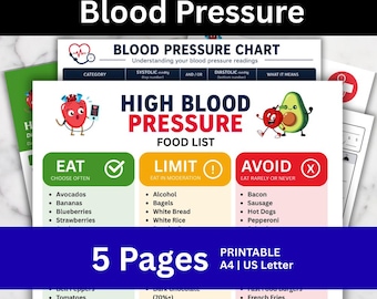 May include: A five-page printable blood pressure chart and food list set on A4 and US Letter paper. The documents feature a high blood pressure food list with eat, limit, and avoid categories, alongside a blood pressure chart with systolic and diastolic readings, illustrated with cartoon heart, apple, and avocado characters.