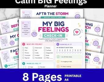 May include: A printable 8-page A4 Calm BIG Feelings planner featuring multiple worksheets with text, checkboxes, and purple brain illustrations. The main page is titled My Big Feelings Check-In, with sections for identifying emotions, intensity levels, and physical sensations.