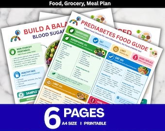 May include: A six-page printable pre-diabetes food list and meal plan guide. The documents feature categorized lists of foods to eat, limit, and avoid, including sections for superfoods, vegetables, fruits, proteins, and grains with A4 size text.
