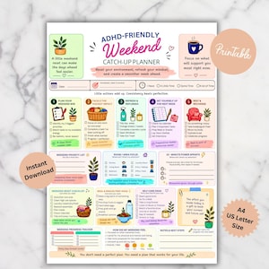 Pode incluir: Uma folha imprimível de planejador de fim de semana ADHD-Friendly com seções para planejamento, foco em cômodos, sprints de 10 minutos e autocuidado. Inclui ícones coloridos, listas de verificação e textos para organizar tarefas.