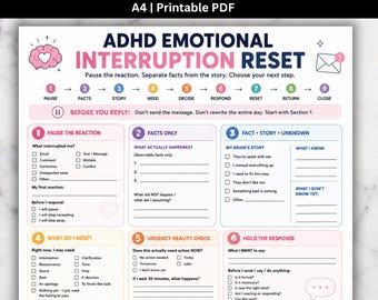 May include: A printable A4 PDF document titled ADHD Emotional Interruption Reset. The page features a nine-step process with checkboxes and fillable lines to help manage reactions, including sections for facts, needs, and response planning.