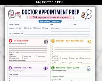 May include: A printable A4 ADHD desk reset document titled Doctor Appointment Prep. The form includes sections for appointment snapshots, main concerns, symptoms, questions, and medications with checkboxes and lines for written notes.