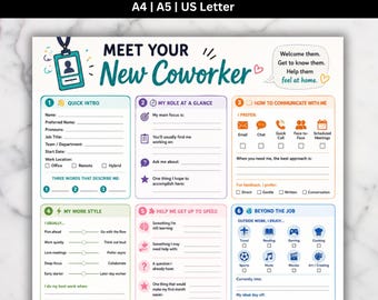 May include: A printable Meet Your New Coworker form featuring six numbered sections for professional onboarding. The document includes fields for personal details, communication preferences, work style, and hobbies with icons and text in blue, green, and orange.