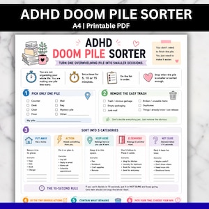 Pode incluir: Um documento imprimível A4 ADHD Doom Pile Sorter com um guia estruturado para organizar a desordem. A página inclui seções para escolher uma pilha, remover lixo e classificar itens em cinco categorias: Guardar, Ação, Manter aqui, Noutro lugar e Não tenho certeza.