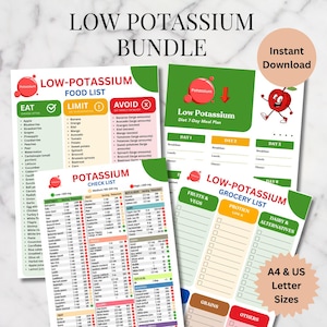 Pode incluir: Um pacote digital Low Potassium Bundle com quatro documentos imprimíveis: uma lista de alimentos com categorias para comer, limitar e evitar, um plano de refeições de 7 dias, uma lista de controlo de potássio e uma lista de compras.