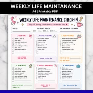 May include: A printable A4 weekly life maintenance check-in planner sheet featuring six color-coded sections for body care, clothes and bedding, food and kitchen, home reset, people and appointments, and admin and money with checkboxes and lines.
