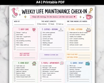 May include: A printable A4 weekly life maintenance check-in planner sheet featuring six color-coded sections for body care, clothes and bedding, food and kitchen, home reset, people and appointments, and admin and money with checkboxes and lines.