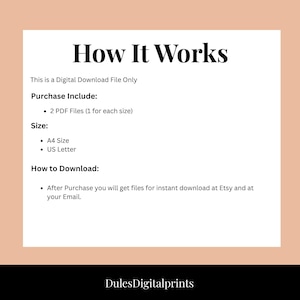 Op de afbeelding: Een witte informatieve afbeelding met zwarte tekst onder de titel How It Works. Het geeft aan dat dit een digitaal bestand is met twee PDF-bestanden in A4-formaat en US Letter-formaat. Bestanden zijn na aankoop direct beschikbaar voor download.