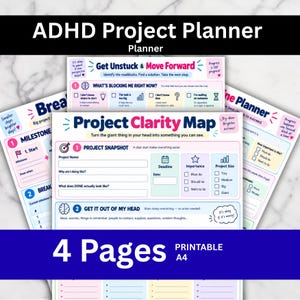 Könnte beinhalten: Ein vierseitiger, druckbarer ADHS-Projektplaner im A4-Format. Die Seiten enthalten farbige Abschnitte mit Überschriften wie ADHD Project Planner, Get Unstuck & Move Forward, Project Clarity Map und Milestone Planner mit Feldern für Projektdetails.