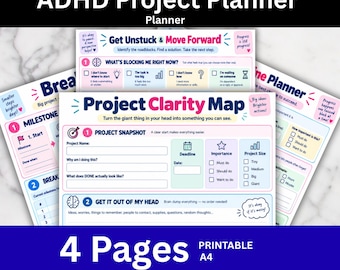May include: A four-page printable ADHD project planner in A4 size. The pages feature colorful sections with headings including ADHD Project Planner, Get Unstuck & Move Forward, Project Clarity Map, and Milestone Planner with fields for project details.