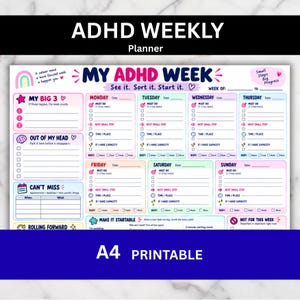 Utskrivbar veckoplanerare för ADHD, veckoöversikt, hjärndump, 3 viktigaste prioriteringar, planerare för fastnade uppgifter och energi, organisation för ADHD i PDF-format