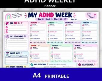 May include: A colorful ADHD weekly planner sheet featuring sections for daily tasks, appointments, and goals. The layout includes headers like My Big 3, Out of My Head, and Can't Miss, with pastel-colored boxes for each day of the week and checkboxes.