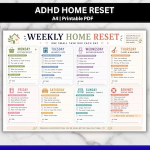 May include: A weekly home reset checklist printed on A4 paper. The document features a grid layout with daily tasks from Monday to Sunday, plus a rescue order section. Each day includes icons, checkboxes, and categories for maintenance and bonus energy.