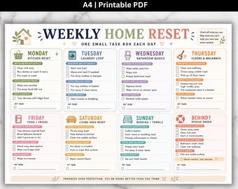 May include: A weekly home reset checklist printed on A4 paper. The document features a grid layout with daily tasks from Monday to Sunday, plus a rescue order section. Each day includes icons, checkboxes, and categories for maintenance and bonus energy.