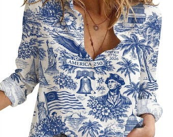 America 250 Button Down Shirt, Patriotic Toile Print Top, George Washington USA Tee, 1776 2026 Anniversary Apparel, Historical Fashion