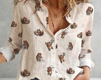 Ewok Button Down Shirt - Retro Cute Star Wars Blouse - All Over Print Cottagecore Forest Ewok Top - Sci-Fi Fandom Gift for Her