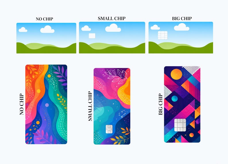May include: Three rectangular credit card skins with different chip cutouts labelled NO CHIP, SMALL CHIP, and BIG CHIP. The designs feature vibrant, colourful abstract patterns including wavy lines, botanical elements, and geometric shapes.