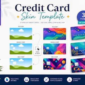 May include: A digital credit card skin template for Canva featuring three layout options: no chip, small chip, and big chip. The design includes colourful abstract patterns, floral motifs, and geometric shapes, with placeholders for cardholder names and numbers.