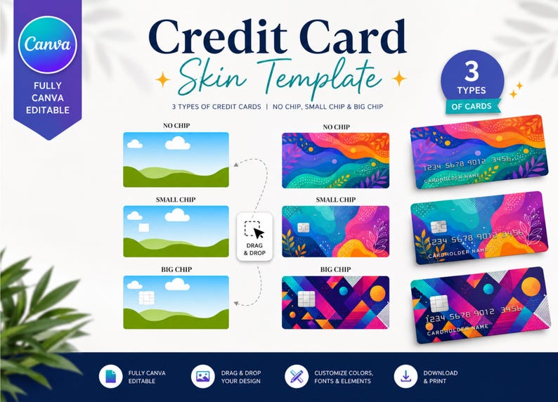 May include: A digital credit card skin template for Canva featuring three layout options: no chip, small chip, and big chip. The design includes colourful abstract patterns, floral motifs, and geometric shapes, with placeholders for cardholder names and numbers.