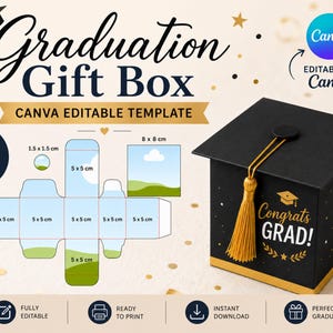 May include: A black graduation gift box shaped like a mortarboard hat, with gold tassel and the words "Congrats GRAD!". The image also shows a flat, unfolded gift box template with dimensions in inches and centimeters, and the text "Graduation Gift Box".