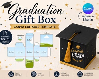 Graduation Cap Gift Box Template, Editable Canva Favor Packaging (Digital Download)
