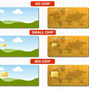 May include: A comparison chart showing credit card designs with no chip, a small chip, and a big chip. Each row displays a landscape-themed card and a gold-toned card with a world map graphic, card numbers, and the text FIRSTNAME LASTNAME.