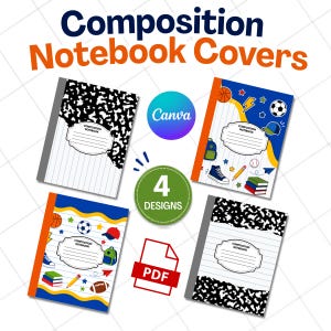 May include: Four composition notebook covers featuring two black and white marble patterns and two sports-themed designs with balls, trainers, and books. The text reads Composition Notebook Covers, 4 Designs, Canva, and PDF. Each cover has a white label.