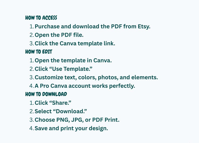 May include: A digital instruction guide with dark green text on a light background. It outlines steps for accessing, editing, and downloading a Canva template, including instructions to purchase a PDF, open the file, use the link, and save designs.
