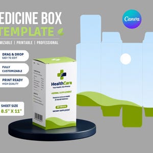 Può includere: Un modello di scatola per medicinali con design bianco e verde e il testo HealthCare Herbal Supplement 30 Tablets. Il layout include un tracciato di fustellatura piatto, un mockup di scatola 3D e un formato foglio di 21,59 cm per 27,94 cm.