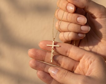 Personalisierte Namenskreuz-Halskette, individueller Goldanhänger, minimalistischer Glaubensschmuck