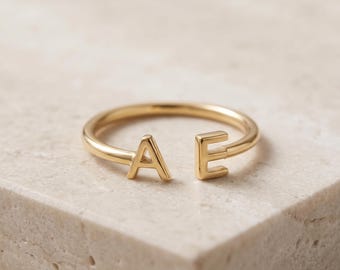 Personalized Two Initial Ring, Minimalist Gold Couples Gift, Adjustable Letter Band