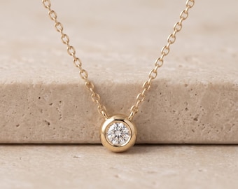 Runde Diamantkette, Solitäranhänger, zarte Goldkette, minimalistisches Geschenk für Sie