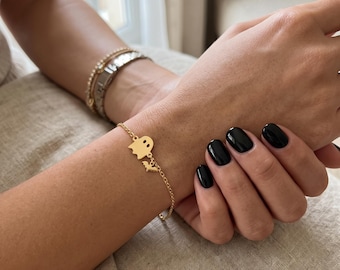 Dainty Ghost & Bat Charm Bracelet, Halloween Jewelry, Minimalist Fall Accessory