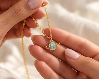 Gold Saturn Necklace, Blue Enamel Planet Pendant, Celestial Minimalist Jewelry